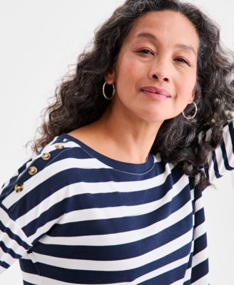 Women's Long Sleeve Button-Trim Striped Knit Top, Macy's Exclusive