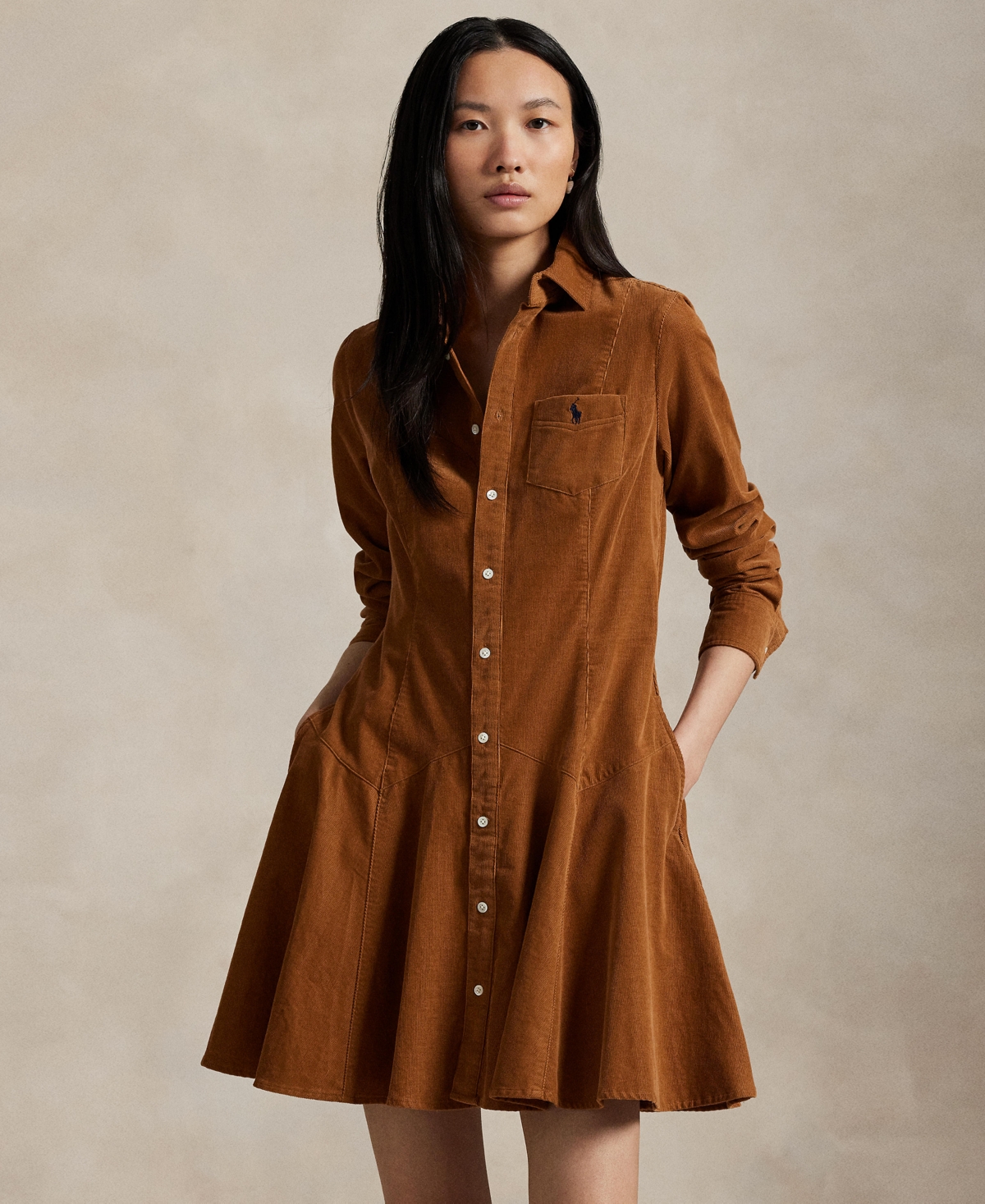 Polo Ralph Lauren Corduroy Collared Shirt Dress In Brown