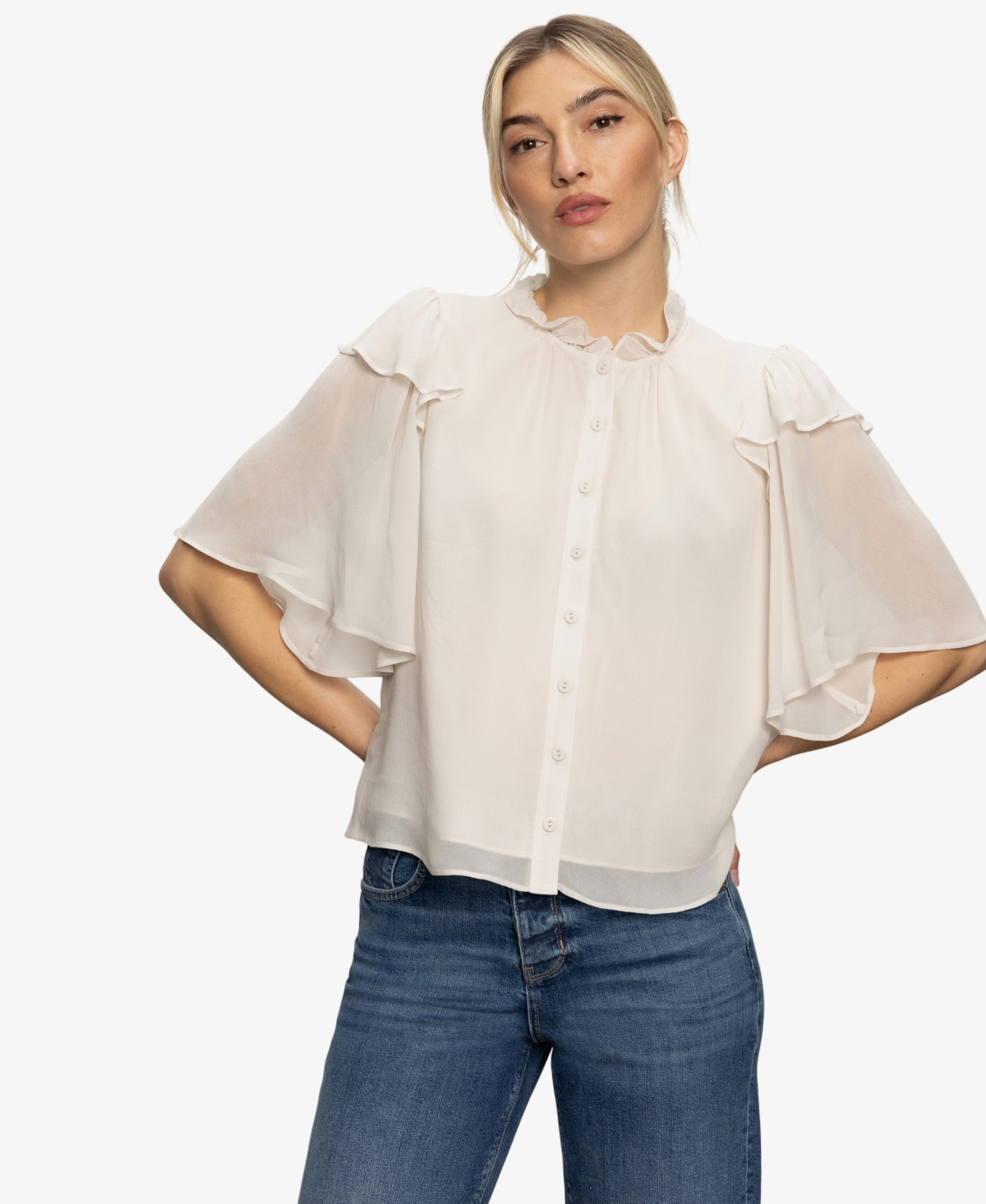 Sanctuary Deja Vu Ruffle Flutter Sleeve Button-up Shirt In White