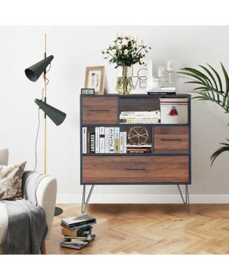3-Tier Wood Storage Cabinet with Drawers and 4 Metal Legs
