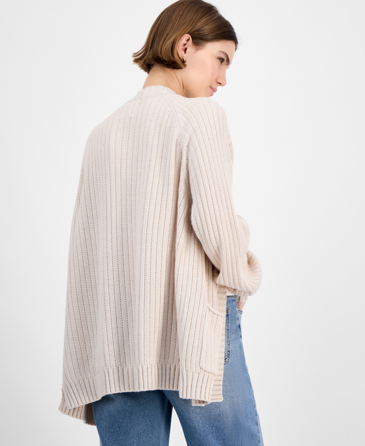 Hippie Rose Juniors' Open-front Pointelle-knit Cardigan In Sand