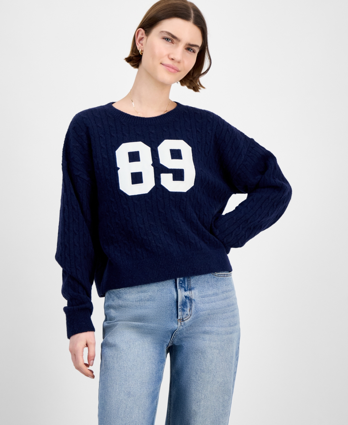 Hippie Rose Juniors' Cable-knit Varsity Sweater In Blue