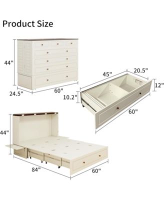 Murphy Bed Cabinet, Queen Murphy Bed with USB and Charging Ports, with Drawer Includes Storage Cabinet, Queen Suit for Guest Room, White Cabinet Bed