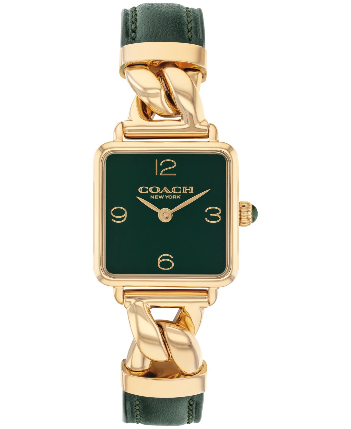Женские часы Coach Cass Gold Tone Stainless Steel and Dark Green Leather Calfskin Strap Watch, 22mm — фото 1