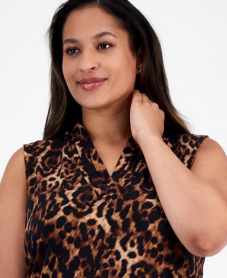 Plus Size Printed Pleated V-Neck Sleeveless Blouse 
