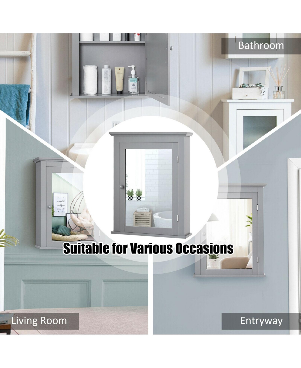 Wall Mount Bathroom Cabinet with One Mirror Single Door Adjustable Shelves Retro Handle