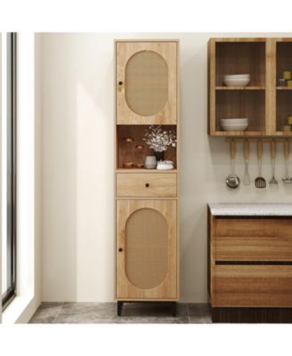 67 Inch Tall Bathroom Cabinet PE Rattan Floor Cabinet with 2 Doors