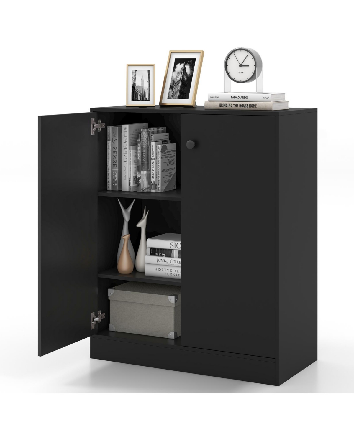 2-Door Modern Floor Storage Cabinet with 3-Tier Shelf - Black