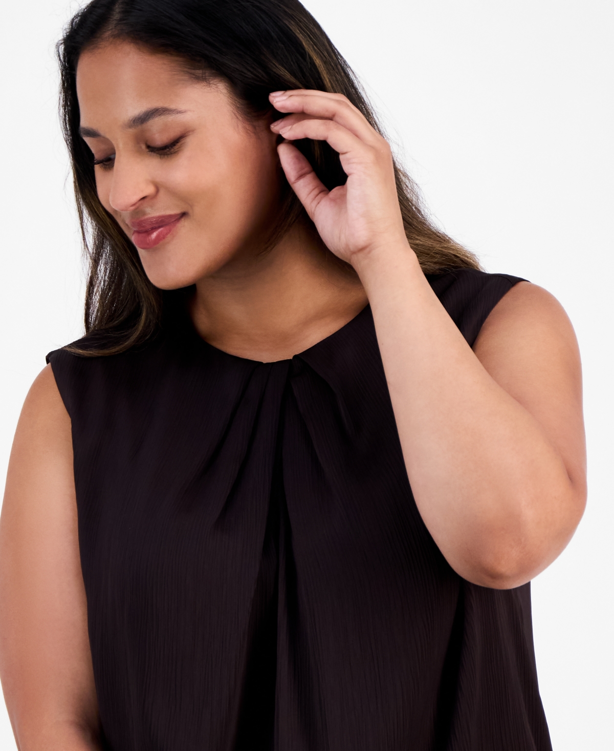 Anne Klein Plus Pleat-Neck Sleeveless Blouse