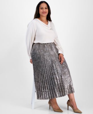 Plus Size Pull-On Pleated Sequin Midi Skirt 