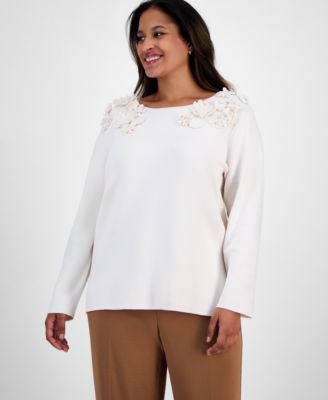Anne Klein - Plus Size Floral-Embellished Boat-Neck Sweater
