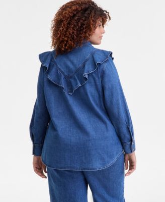 Trendy Plus Size Ruffle-Front Long-Sleeve Denim Shirt, Macy's Exclusive 