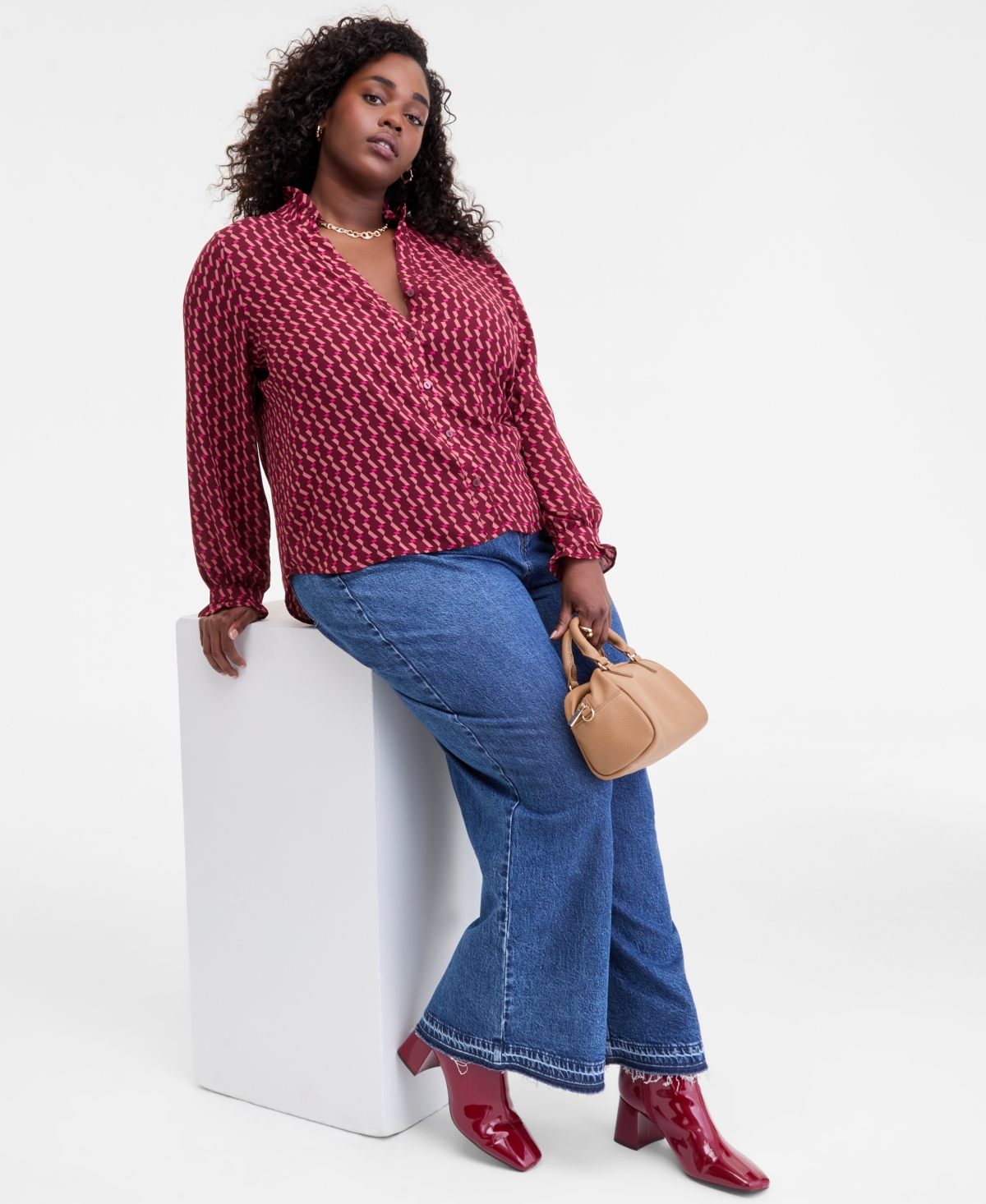 On 34th Trendy Plus Size Ruffle-trim Split-neck Blouse, Macy's Exclusive In Burgundy