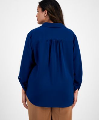 Plus Size Collared V-Neck Roll-Tab-Sleeves