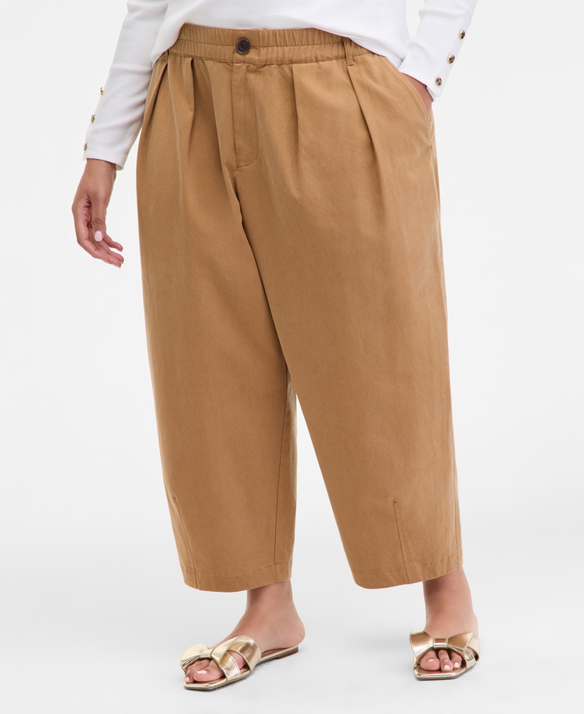 On 34th Trendy Plus Size High-rise Pleated Barrel-leg Pants, Macy's Exclusive In Brown