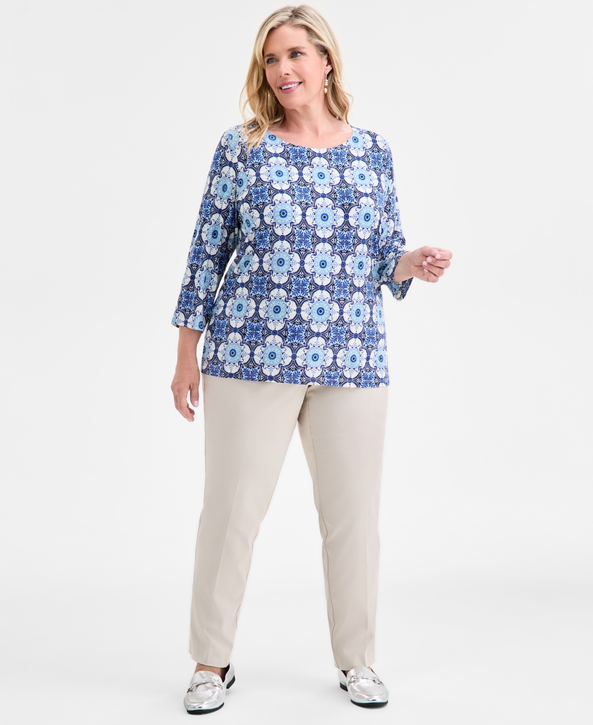 Jm Collection Plus Size Printed Jacquard Top, Macy's Exclusive In Blue