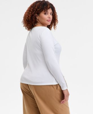 Trendy Plus Size Button-Cuff Boatneck Top, Macy's Exclusive