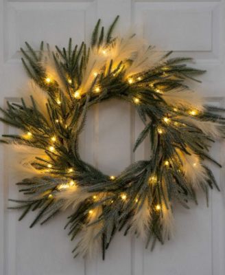 24" Artificial Balsam Fir Pine and Pampas Wreath LED Lights