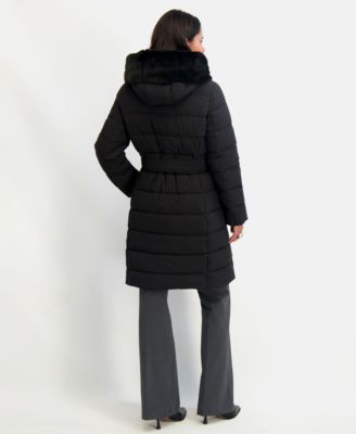 Women's Faux-Fur-Trim Hooded Belted Puffer Coat