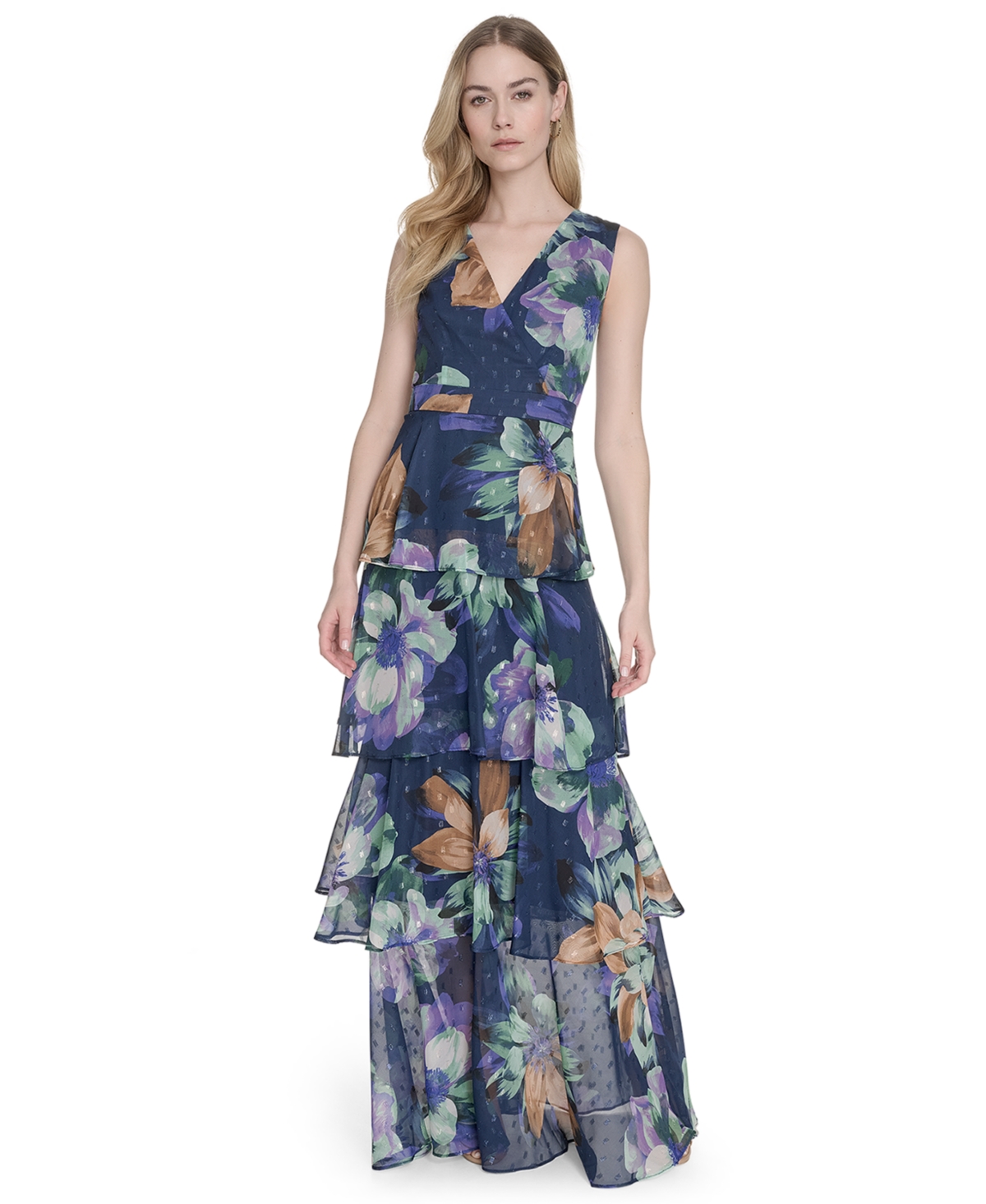 Women's Printed V-Neck Sleeveless Gown - Teal