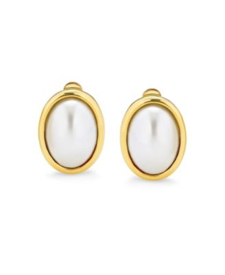 Set of 2 White Pearl Cabochon Oval Clip-On Earrings in Silver Gold Plated Brass