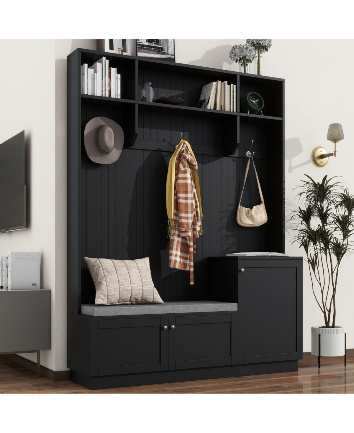 Hall Tree with Bench, Cushion, Coat Rack - Black