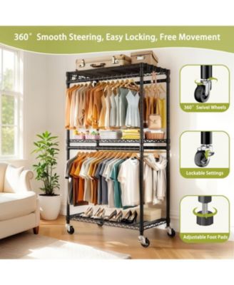 Heavy Duty Rolling Clothes Rack with Shelves &amp; Hooks