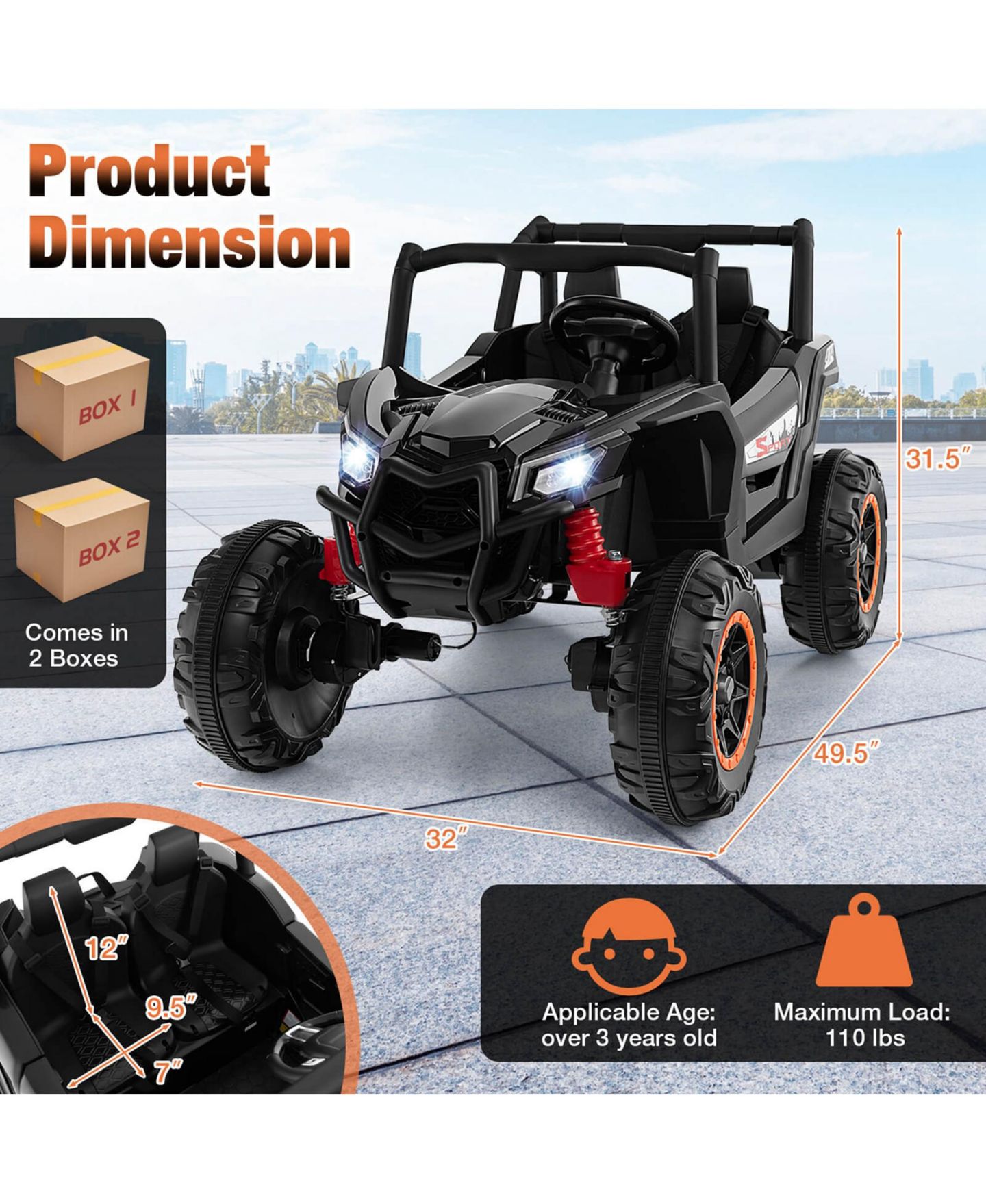 Детская игрушка Gymax 24V 2-Seater Remote Control 4WD/2WD Switchable Ride-On Utv, Ages 3+, цвет: Чёрный — фото 3