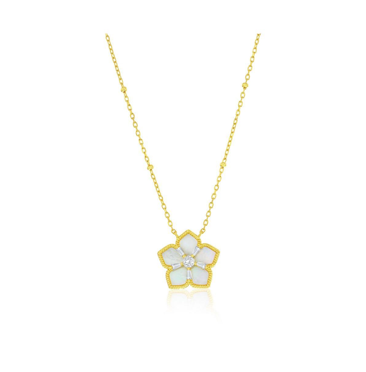 Sterling Silver, Mop & Cz Flower Necklace - Gold Plated - Gold
