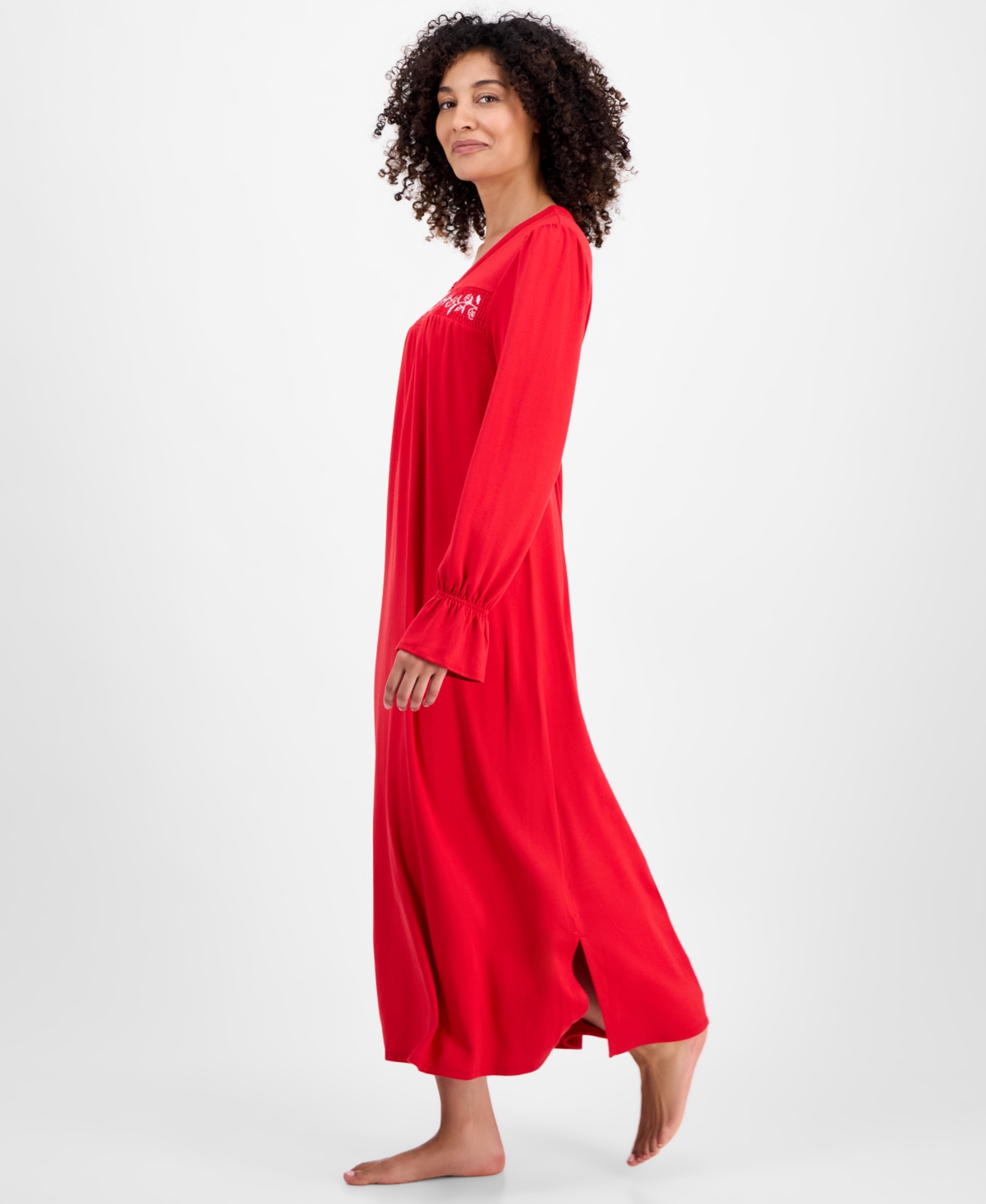 Charter Club Women's Long-sleeve Embroidered Knit Nightgown In Red