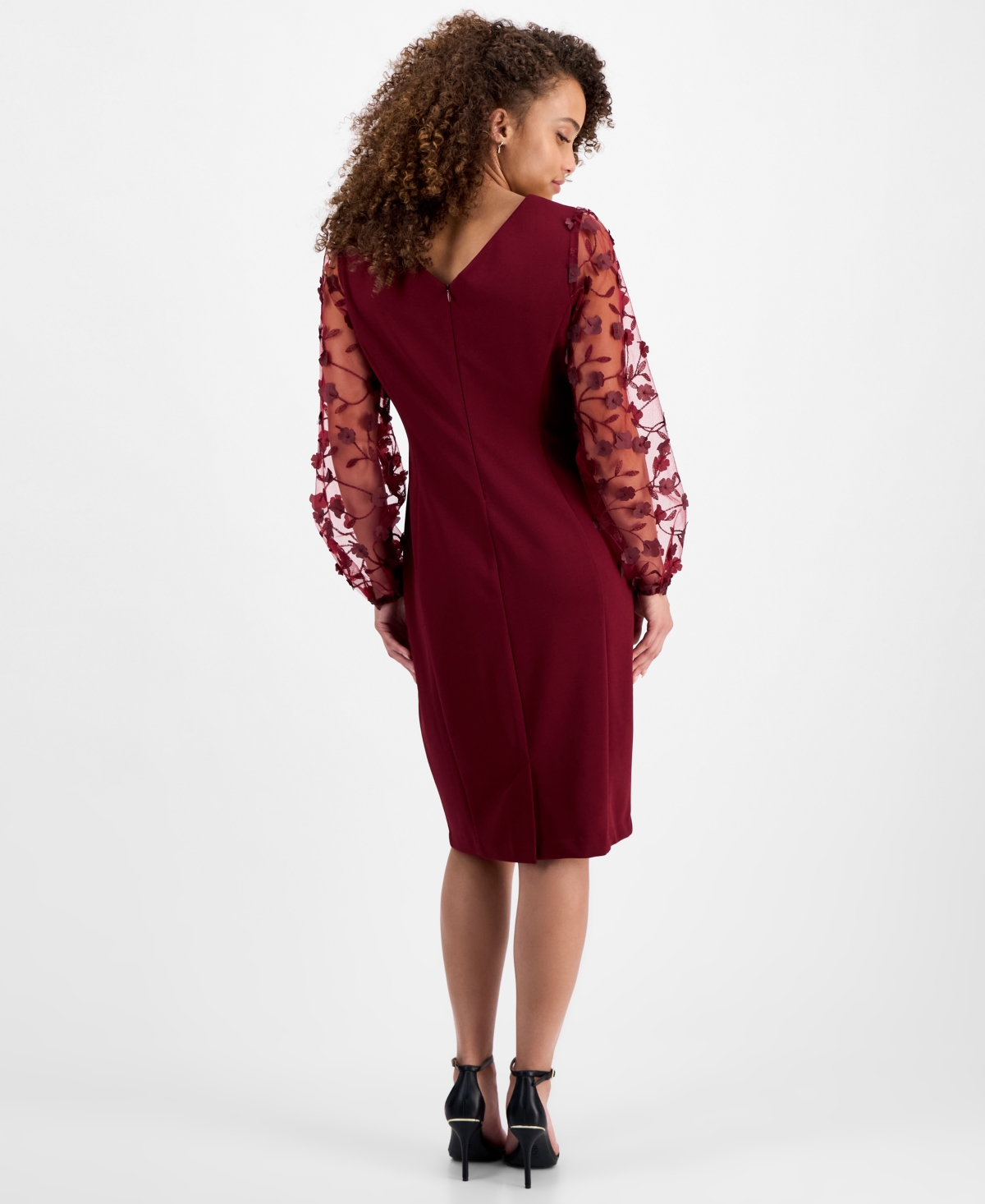 Connected Petite Sheer-sleeve Applique Sheath Dress In Red