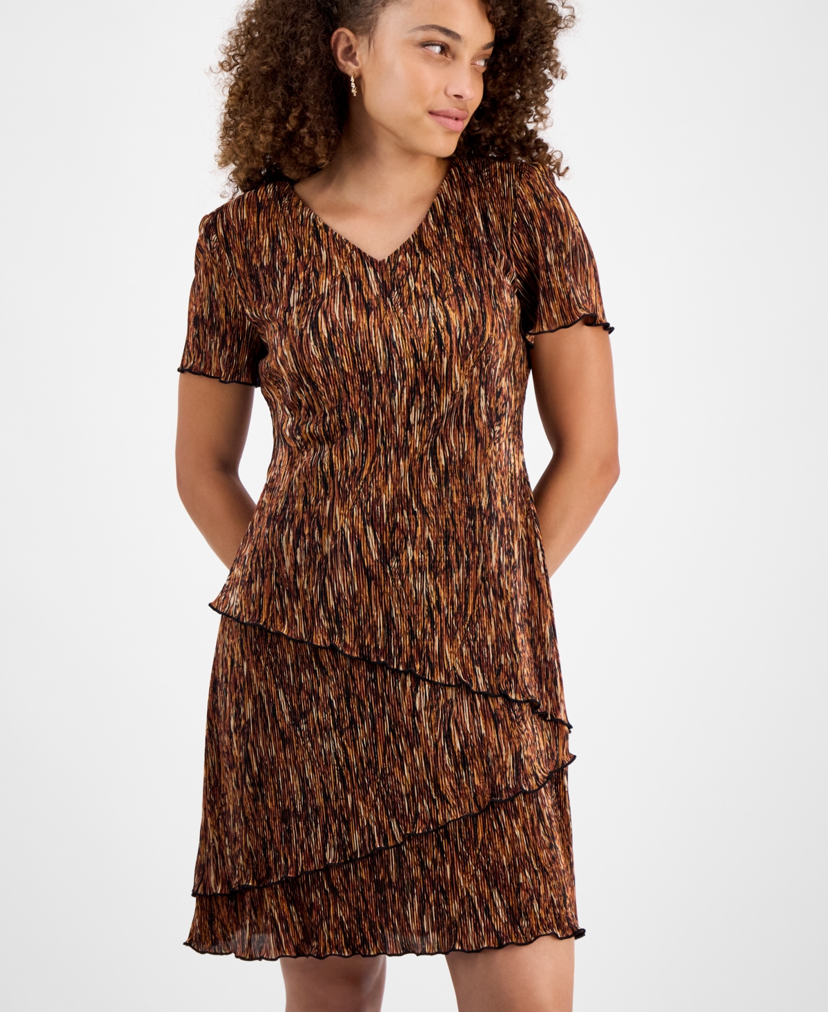 Connected Petite V-Neck Short-Sleeve Tiered Dress