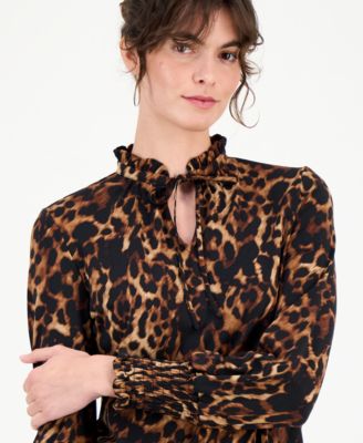 Petite Ruffled-Neck Smocked-Cuff Top