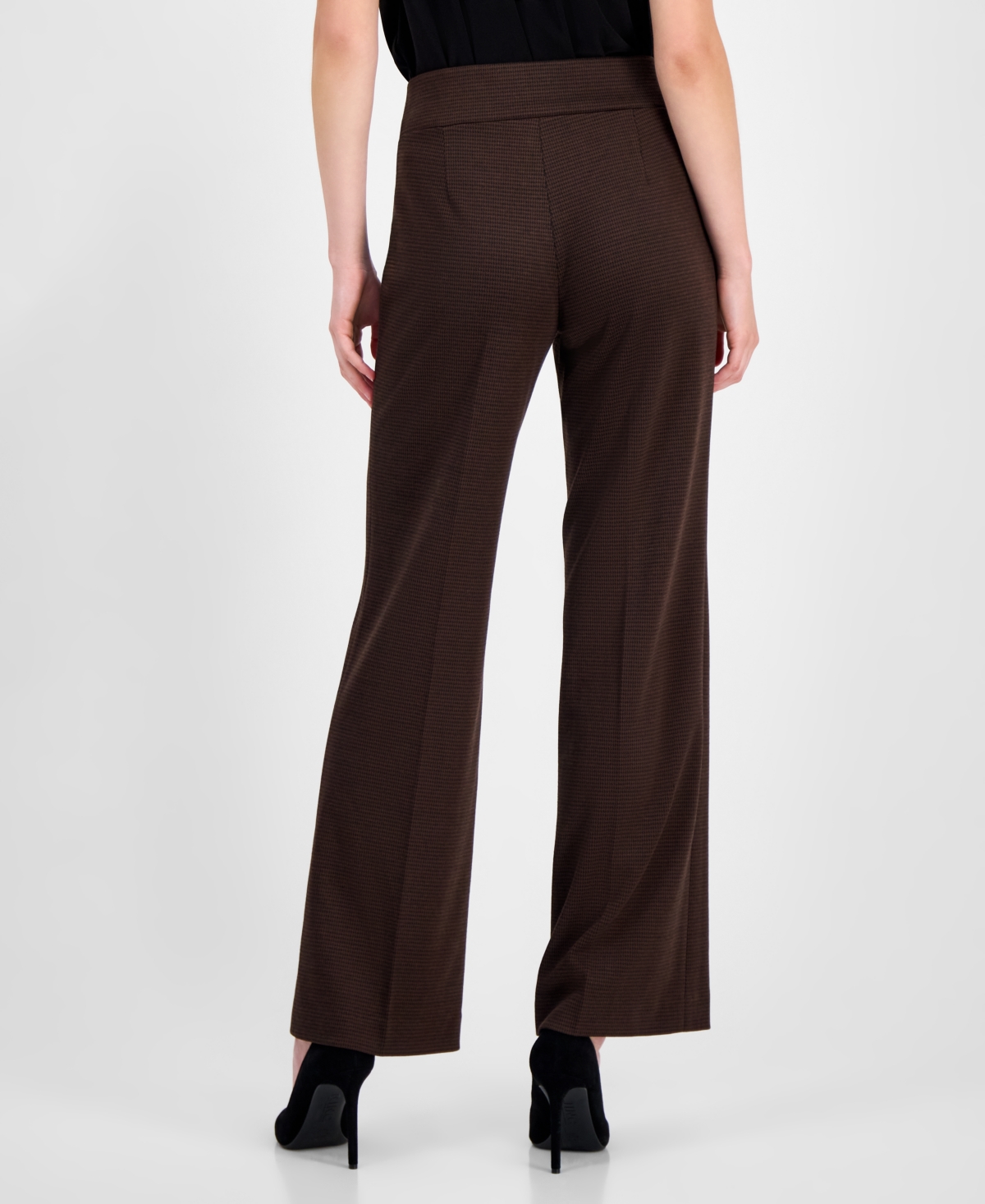 Anne Klein Houndstooth High Waist Pull-on Wide Leg Pants In Brown