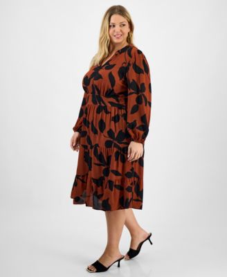 Plus Size Printed Tie-Waist Tiered Long-Sleeve Dress