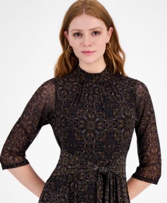 Petite Mock Neck Printed Midi Dress