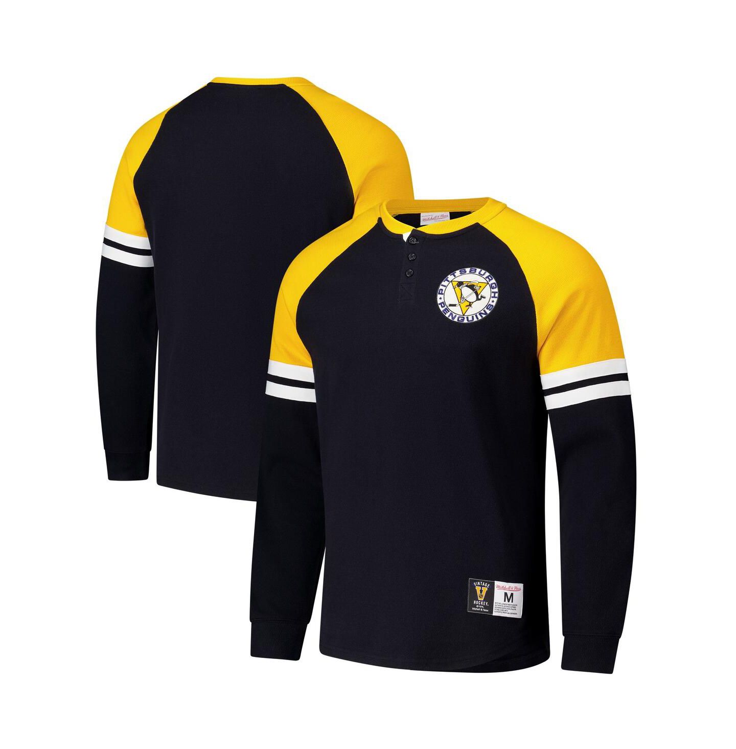 Мужская футболка Mitchell & Ness Black Pittsburgh Penguins Thermal Henley Long Sleeve — фото 1
