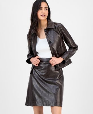 Anne Klein Womens Faux Leather Front Button Jacket Faux Leather Mini Skirt In Black