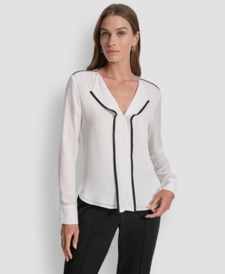Women's Long Sleeve Trimmed Lapel Blouse, Regular & Petite