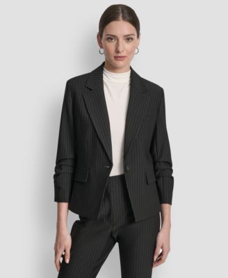 Women's Pinstripe Ruched-Sleeve One-Button Blazer