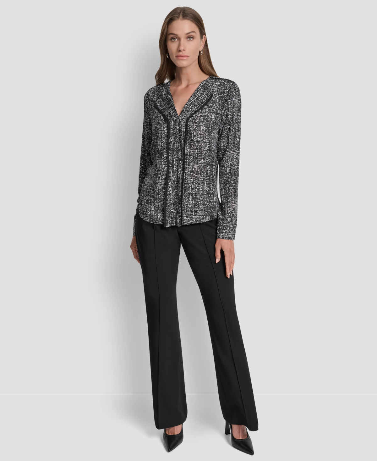 Dkny Women's Printed Contrast-trim V-neck Top In Multi
