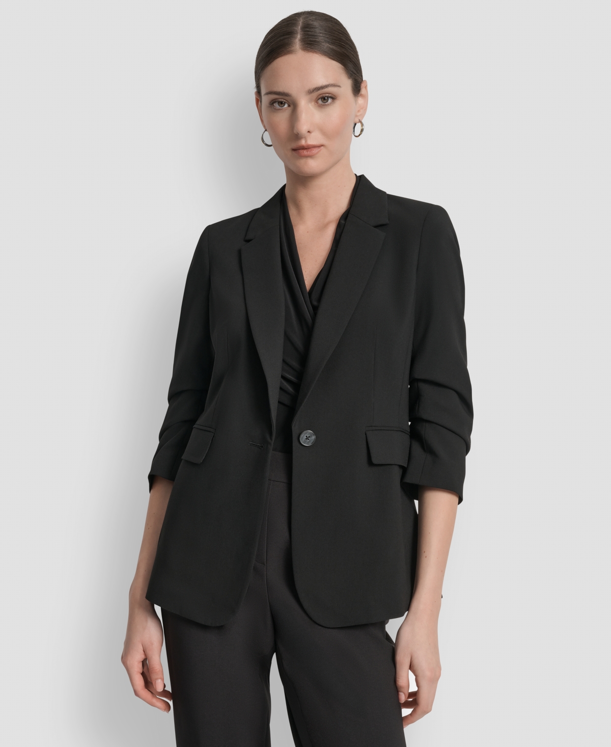 Women's Ruched-Sleeve One-Button Blazer - Black