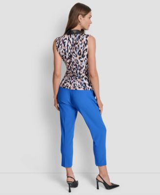 Women's Printed Contrast-Collar Surplice Top