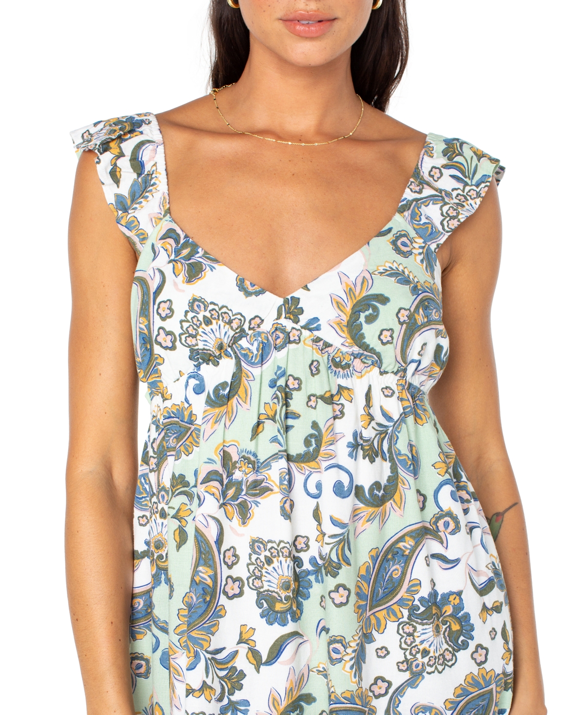 Roxy Juniors' Paisley-print Palmy Days Flutter-sleeve Mini Dress In Green