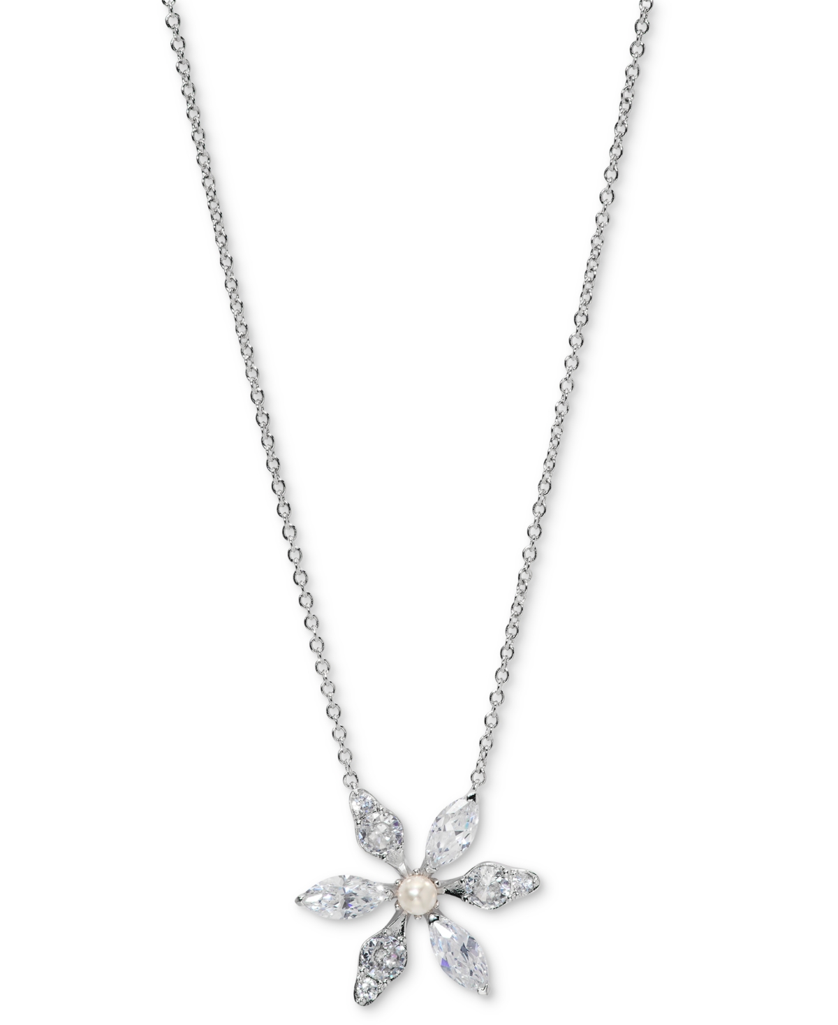 Cubic Zirconia & Imitation Pearl Flower Pendant Necklace, 16" + 2" extender, Exclusively at Macy's - Rhodium