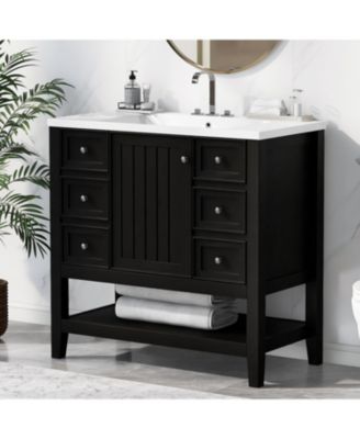 36" Black Bathroom Vanity w/ Sink Cabinet & Drawers