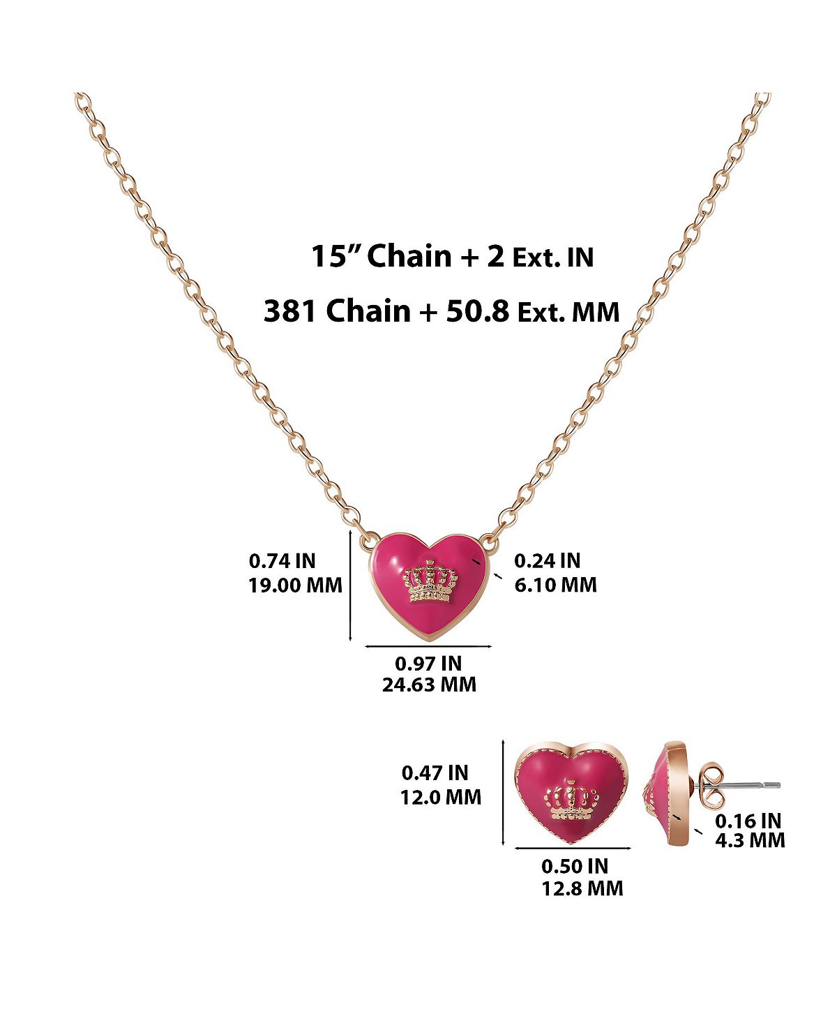 Juicy Couture Kids 주시 꾸뛰르 15'' + 2'' 크라운 로고 하트 펜던트 목걸이