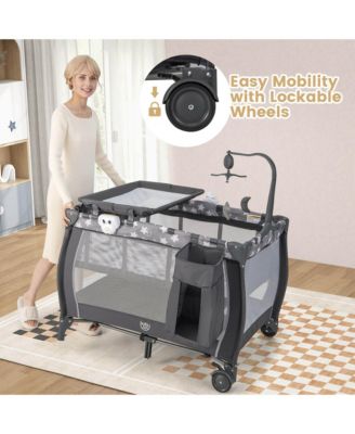 Kids Portable Playard Nursery Center Crib with Hanging Toys & Music Box