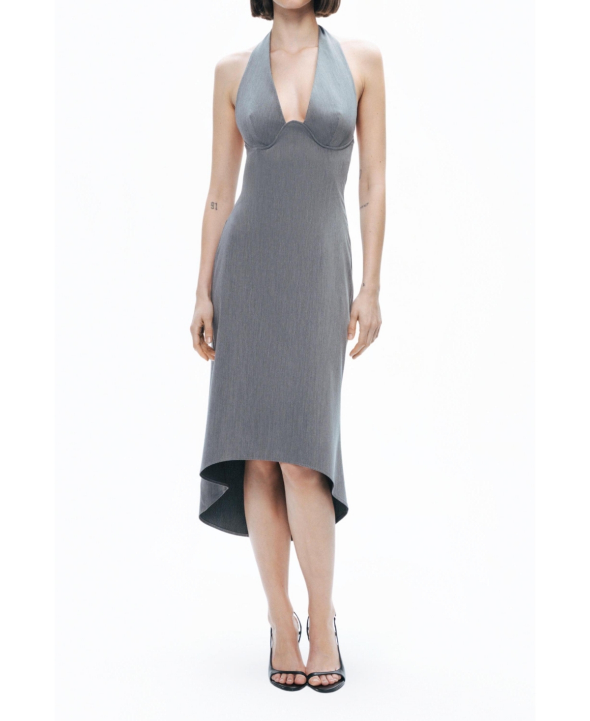 Women's Tie Neck Asymmetrical Midi Dress - Dark grey