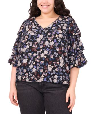 Vince Camuto Women's Plus Size Printed V-Neck Bubble Sleeve